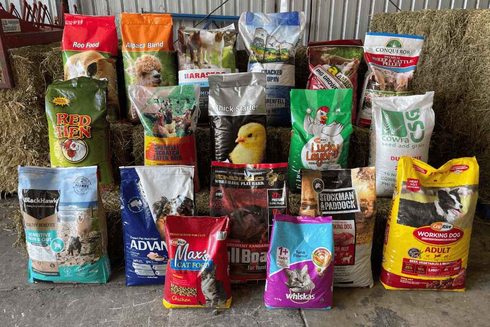 Pet food Assorted bags and cans of dog food, cat food, and pet supplies from Yass Valley Stockfeeds